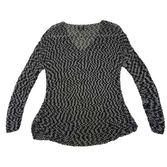 Eileen Fisher Womens Open Knit V Neck Sweater Black White USA Size Small - Picture 2 of 7